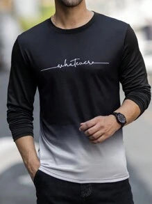 Manfinity Homme Men Round Neck Long Sleeve Gradient Print Letter Graphic Design Fitted Charming Casual T-Shirt, For Going Out, For Husband, Men's Fashion T-Shirt, Men's Graphic Tee, Ombre T-Shirt, Casual Men's Top