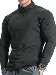 Manfinity Dauomo Men's Casual Everyday Half-Zip Mock Neck Long Sleeve T-Shirt, Autumn