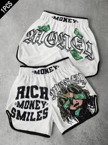 Manfinity Streetrush Men's Street-Style Sports Shorts For INS-Inspired Outfits, Featuring A High-Street "Money And Prosperity" Creative Dreadlock Hip-Hop Rock Portrait With Oversized Dual-Sided Letter Prints In White, Perfect For Music Festivals, Hawaiian