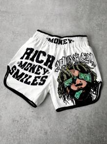Manfinity Streetrush Men's Street-Style Sports Shorts For INS-Inspired Outfits, Featuring A High-Street "Money And Prosperity" Creative Dreadlock Hip-Hop Rock Portrait With Oversized Dual-Sided Letter Prints In White, Perfect For Music Festivals, Hawaiian